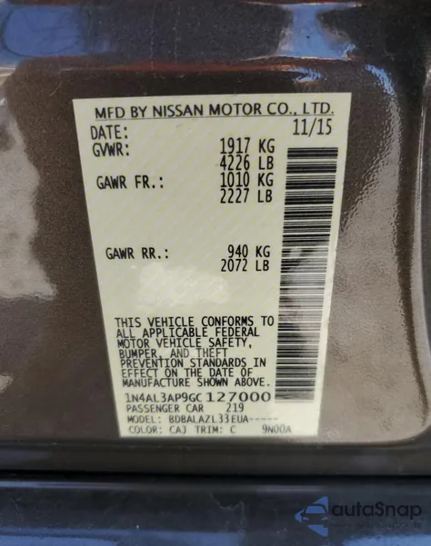 2016 Nissan Altima 2.5 z USA, uszkodzony, nr VIN 1N4AL3AP9GC127000